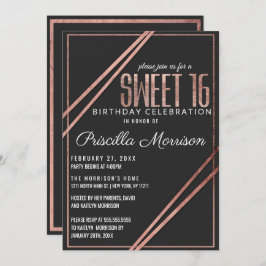 Convite Linear Chic Dourado, Rosa preto, simples, doce 16