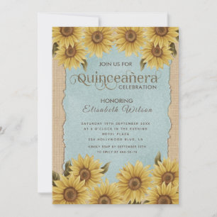 Convite Linen vintage girassol azul Quinceañera