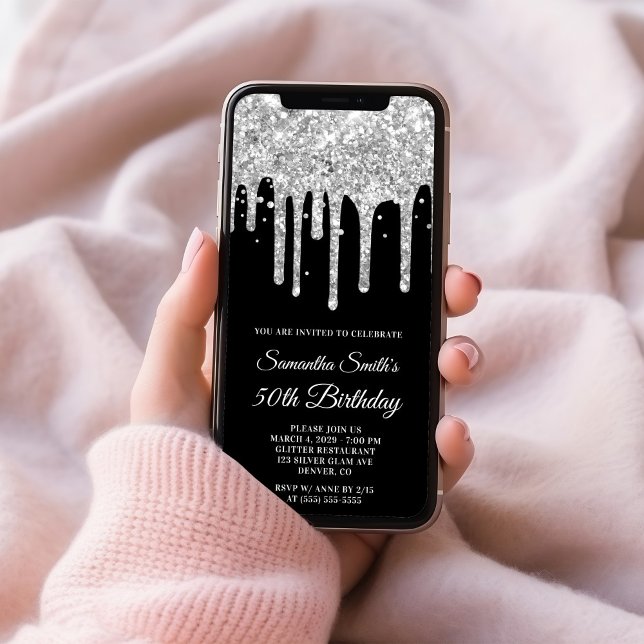 Convite Lingança de prata com brilho preto 50º aniversário (Silver Dripping Glitter Black 50th Birthday Invitation)