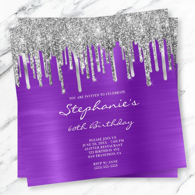 Convite Lingando Folha Roxa de Lata Roxa 60.º Aniversário (Dripping Silver Glitter Purple Foil Birthday Invite)