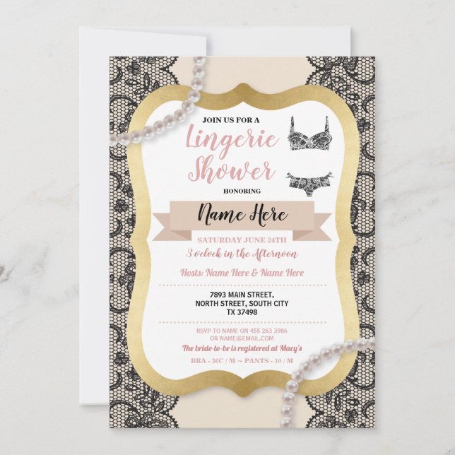 Convite Lingerie Chuva Ouro Creme Renda Sutiã Pérola (Frente)