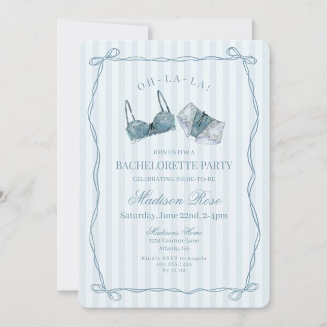 Convite Lingerie de Renda Azul para Festa de Despedida de  (Frente)