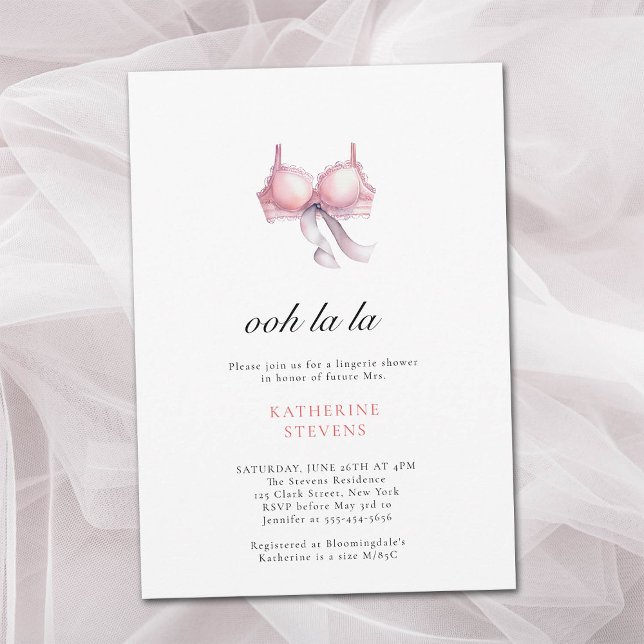 Convite Lingerie Festa Ooh La Ribbon Chá de panela (lingerie party invitation bridal pink bra black ribbon watercolor pretty illustration minimalist )