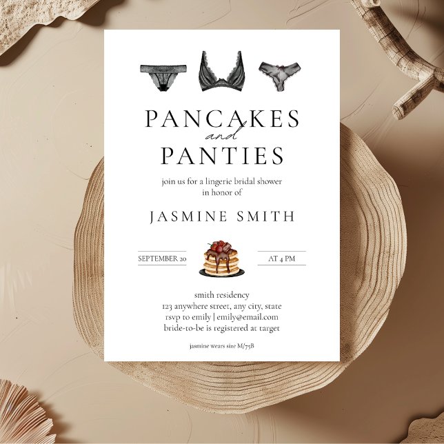 Convite Lingerie Moderno de Chá de panela de Panquecas e P (Minimalist Pancakes & Panties Bridal Shower Invitation)