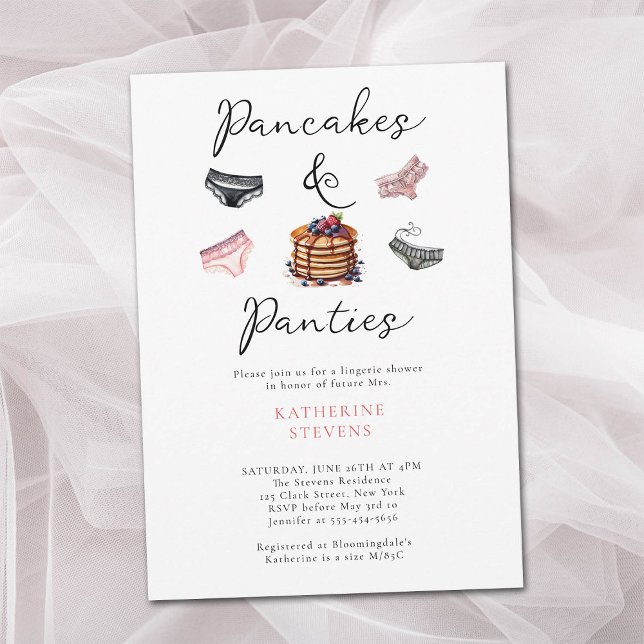 Convite Lingerie Panquecas Panquecas Rosa Chá de panela (panties pancakes lingerie shower invitation bridal watercolor pink black sexy sweet elegant classy)