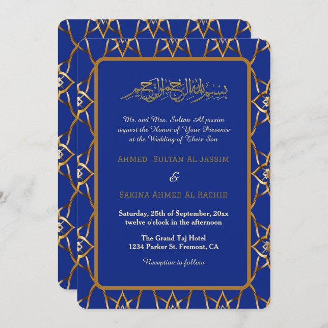 Convite Linguâmica de casamento muçulmano de ouro azul (Frente/Verso)
