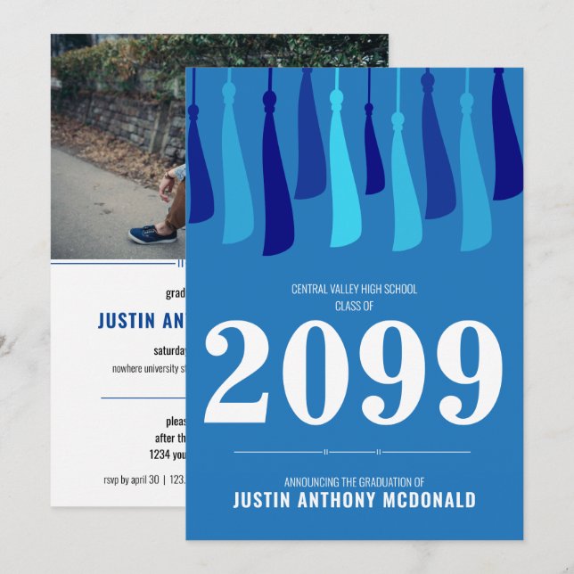 Convite Linha Azul de Borlas Foto Graduação (Frente/Verso)