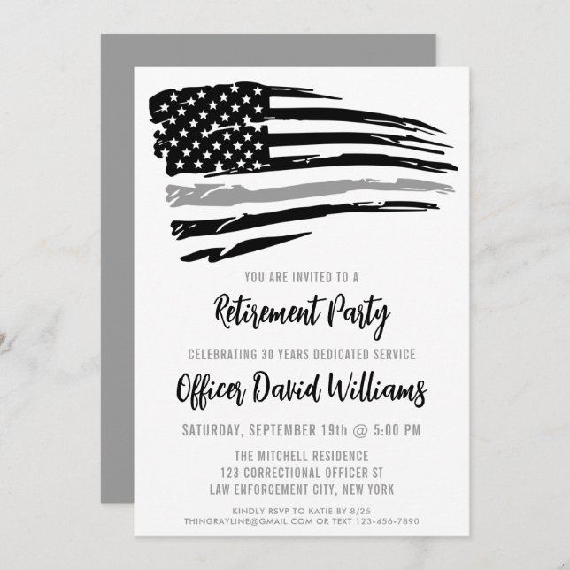 Convite Linha Cinza Fina Aposentadoria do Oficial Correcio (Frente/Verso)