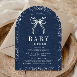 Convite Linha de Arte Azul Marinho Coquete Laço Baby Showe