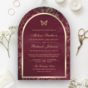 Convite Linha de Arte em Ouro Arco Borboleta Casamento Bor