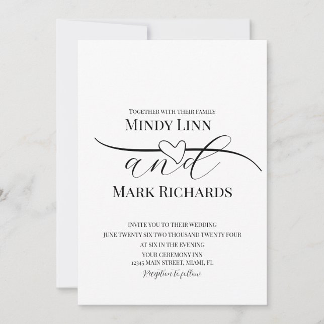 Convite Linha de Coração Romântica Script Preto Verde Casa (Frente)