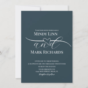 Convite Linha de Coração Romântico Script Navy Branco Casa