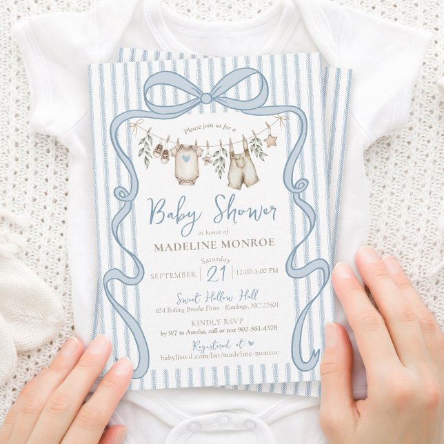 Convite Linha de Roupa com Arco de Aquarela Azul Churrasco (Whimsical blue bow frame baby boy cute watercolor clothesline greenery stripes shower invitation)