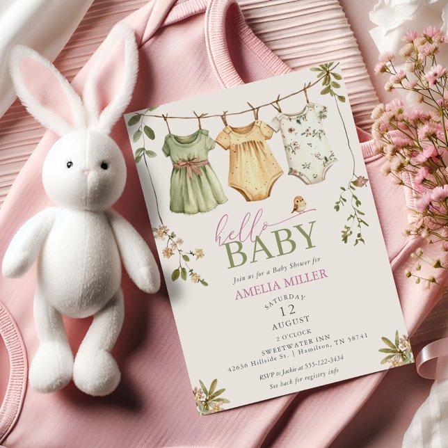 Convite Linha de Roupas de Bebê Floral Olá Bebê Chuveiro d (Floral Baby Clothesline Hello Baby Baby Shower Invitation)