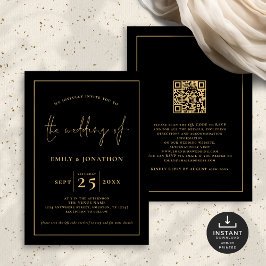 Convite Linha de Script Elegante Código QR Casamento Doura