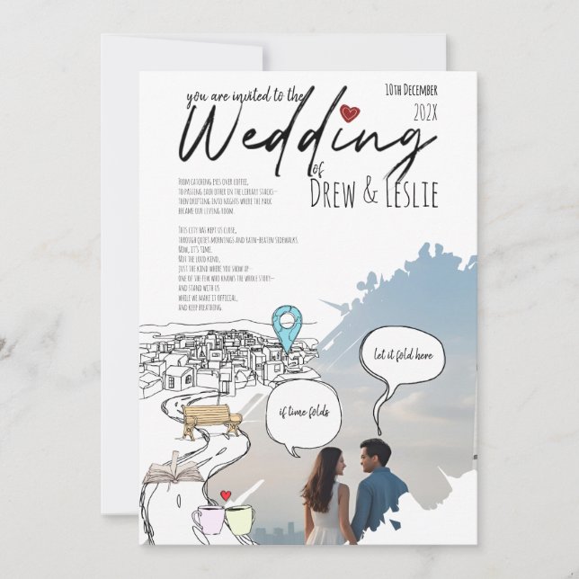 Convite Linha do Tempo de História de Amor Ilustrada Casam (Frente)