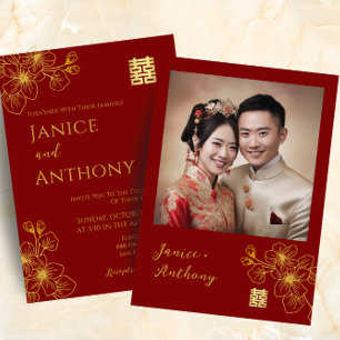 Convite Linha floral casal foto de casamento chinês vermel