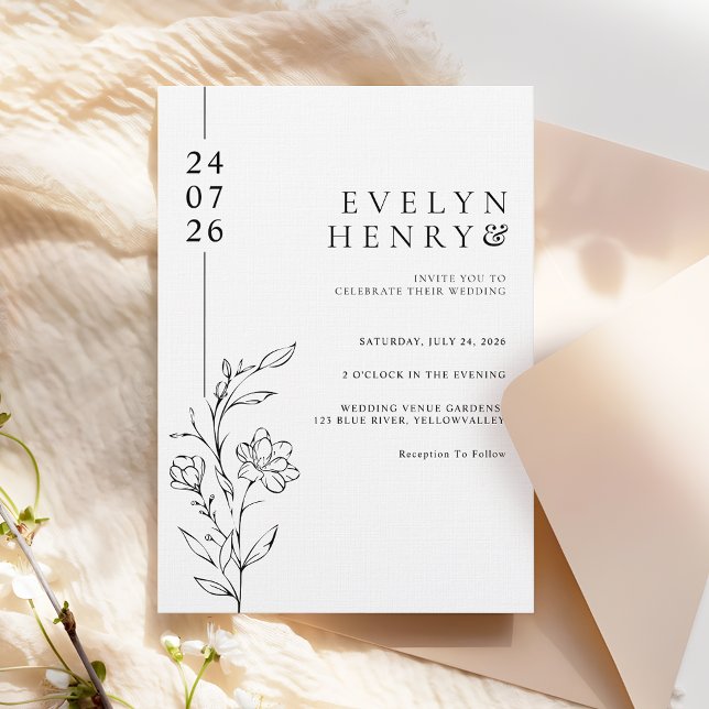 Convite Linha Floral Chic Moderna Casamento Elegante (Criador carregado)