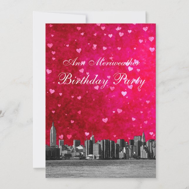Convite Linha NYC Céu Rosa Quente Coração Vermelho Anivers (Frente)