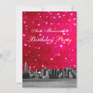 Convite Linha NYC Skyline Rosa Quente Vermelho Coração Ani