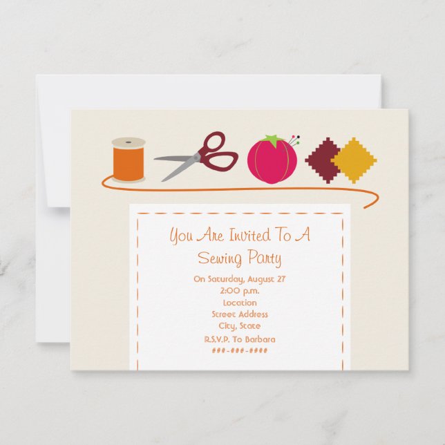 Convite Linha Sewing do partido, tesouras, coxim do Pin, (Frente)