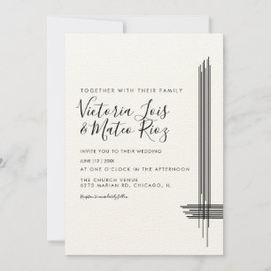 Convite Linhas Abstratas Preto Branco Bege Casamento 