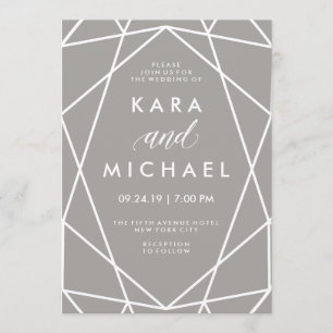 Convite Linhas Brancas Geométricas em Casamento de Cinzas 