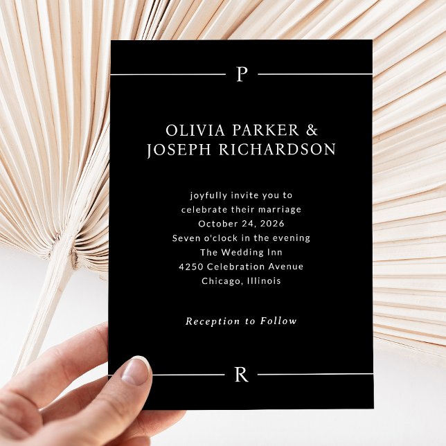 Convite Linhas Modernas e Monograma | Casamento Negro Escu (Criador carregado)