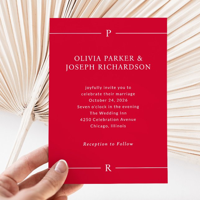 Convite Linhas Modernas e Monograma | Casamento Vermelho d (Criador carregado)