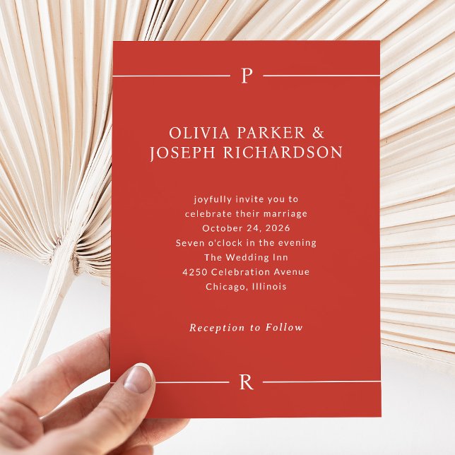 Convite Linhas Modernas e Monograma | Casamento Vermelho P (Criador carregado)