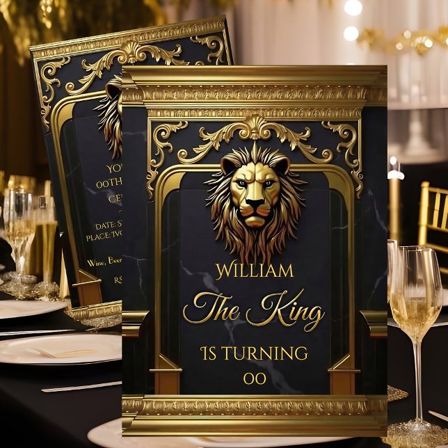 Convite Lion Head King Marble Black Gold Birthday Party (Criador carregado)