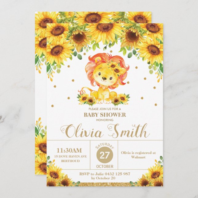 Convite Lion Sunflower Floral Chá de fraldas Sprinkle Girl (Frente/Verso)