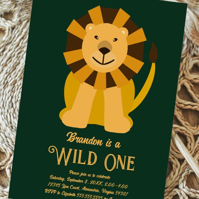 Convite Lion Wild One First Birthday Dourado e Verde (Criador carregado)
