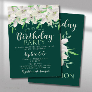 Convite Lírio Branco Aniversário Floral Verde Esmeralda El