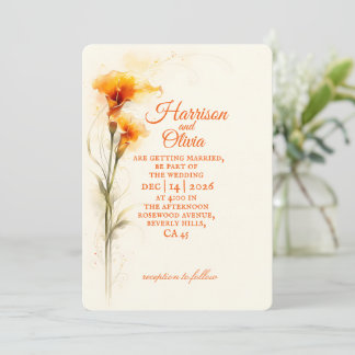 Convite Lírio de Água Classy Laranja Aquarela Floral Casam