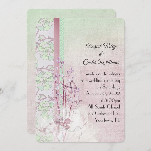 Convite lírio do vale e borboleta com pérolas (Frente/Verso)