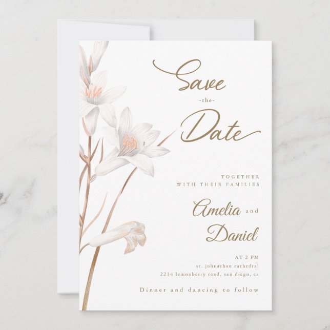 Convite Lírios brancos elegantes casamento Save the Date (Frente)