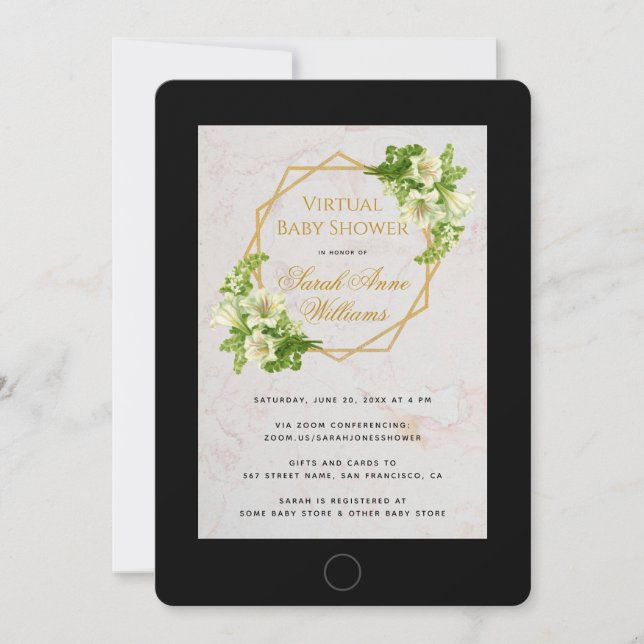 Convite Lírios de Chá de fraldas Virtual Tablet Geométrico (Frente)