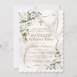 Convite Lírios Imperiais Dourados Batismo primeiro anivers