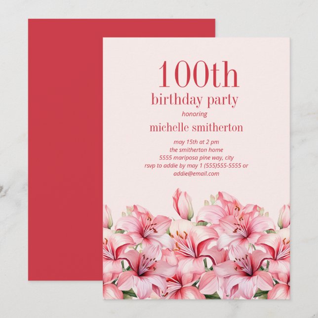 Convite Lírios Rosa Elegantes 100º Aniversário (Frente/Verso)