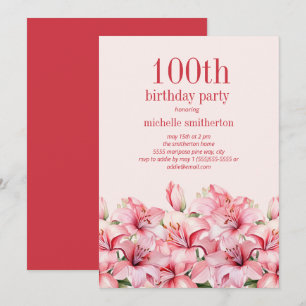 Convite Lírios Rosa Elegantes 100º Aniversário