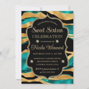 Convite Listra de Tigre Dourado Turquesa Glam Sweet 16
