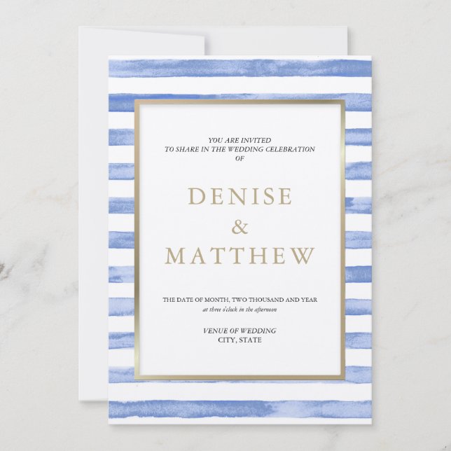 Convite Listra em Aquarela Azul Centáurea e Letreiro Doura (Frente)