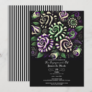 Convite Listra Floral Verde Roxo de Noivado de Halloween