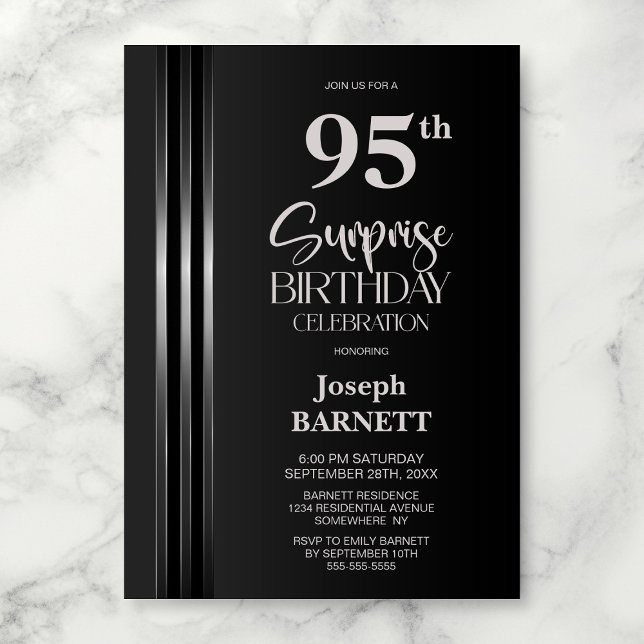 Convite Listra Prateada Preto Cinza 95º Aniversário Surpre (Criador carregado)