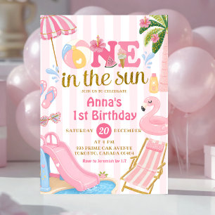 Convite Listra Rosa Um ao sol Festa na Piscina Aniversário