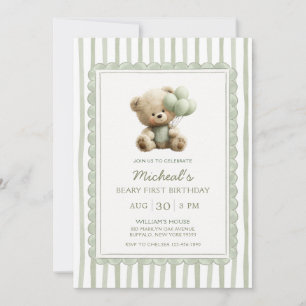 Convite Listra Verde Sage Beary Primeiro Aniversário