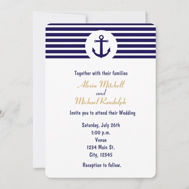 Convite Listrado Azul Marinho Âncora Náutica (Frente)