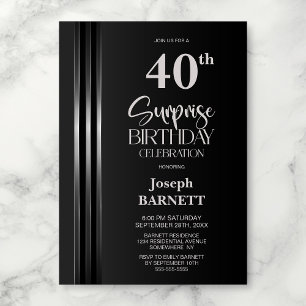 Convite Listrado Prateado Preto Cinza 40º Aniversário Surp