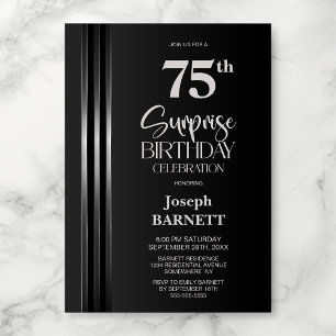 Convite Listrado Prateado Preto Cinza 75º Aniversário Surp